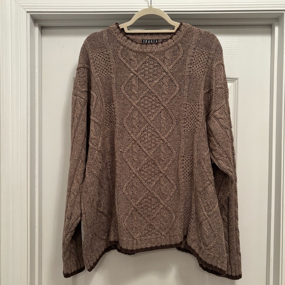 Men’s Vintage Trader Bay Brown Cable Knit Sweater. 2XLT. Silk and Wool Blend.